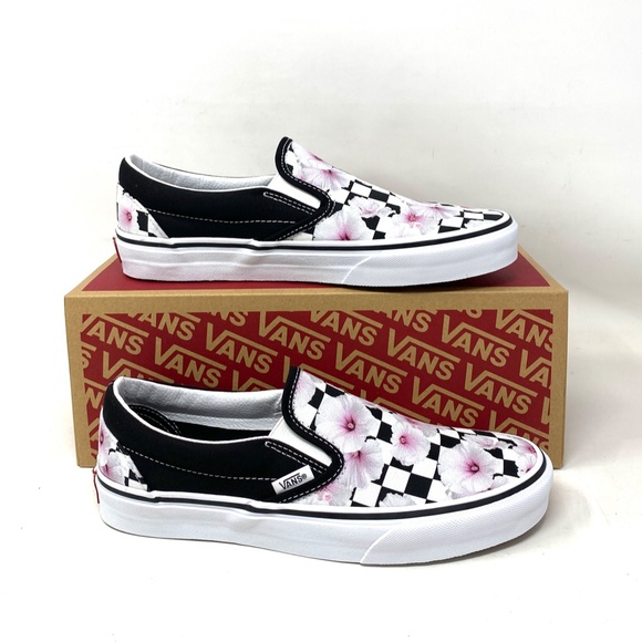 VANS Classic Slip On Shoes Hibiscus Check Black Canvas Sneaker Women VN0A5JLXBM8 - Picture 2 of 11
